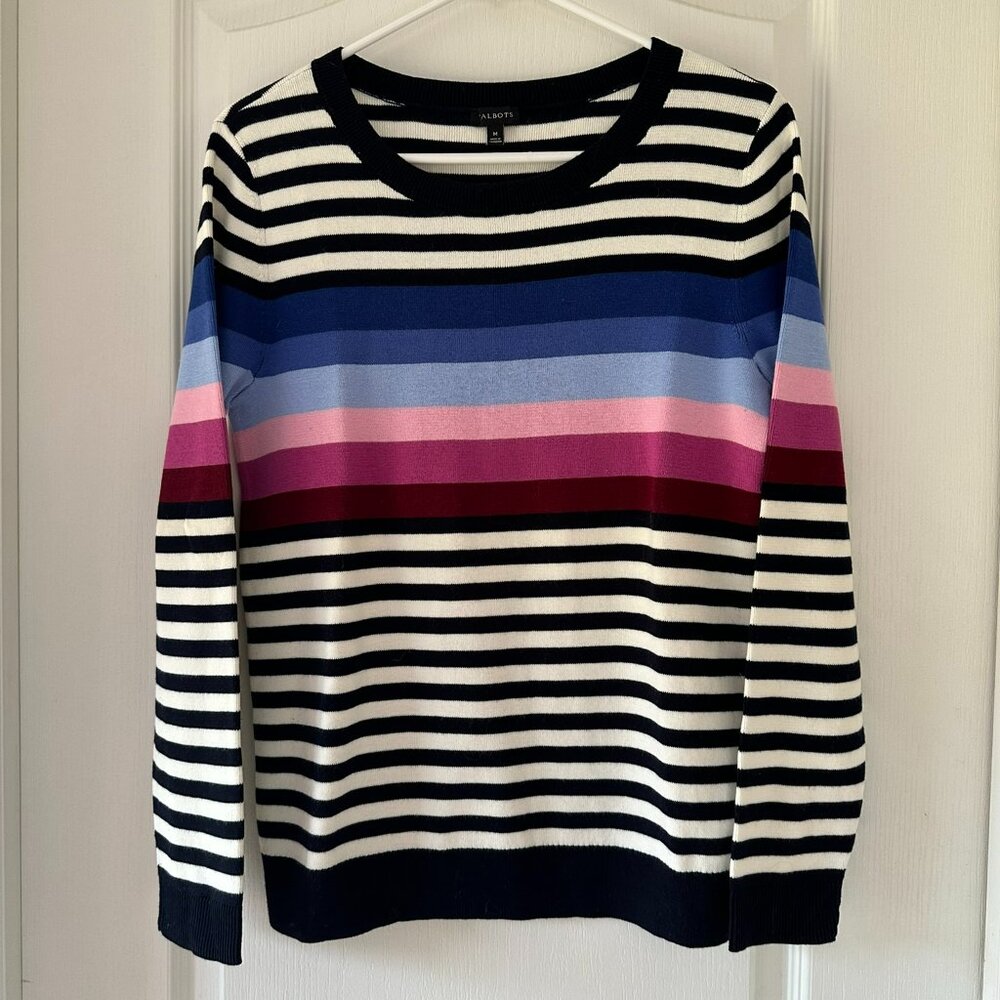 Talbots Black White Multi Colorful Striped Sweater Misses Size Medium in EUC